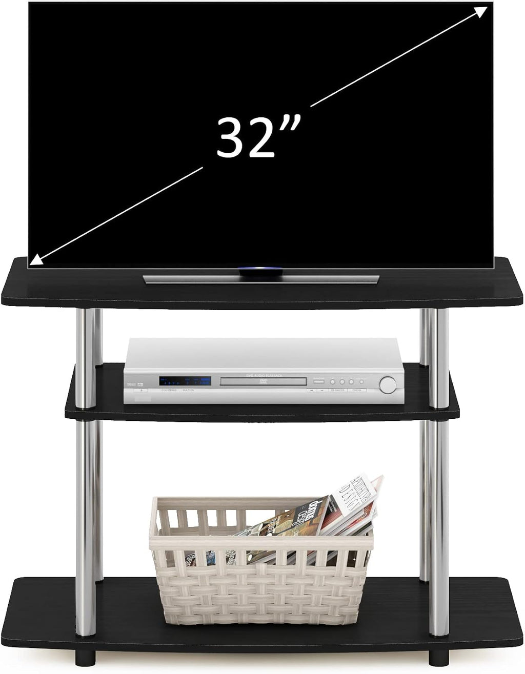 Furinno Turn-N-Tube TV Stand, 3-Tier Toolless Assembly Entertainment Center with Open Shelves, TV Console for TV up to 32 Inch, for Living Room, Bedroom, Americano/Stainless Steel