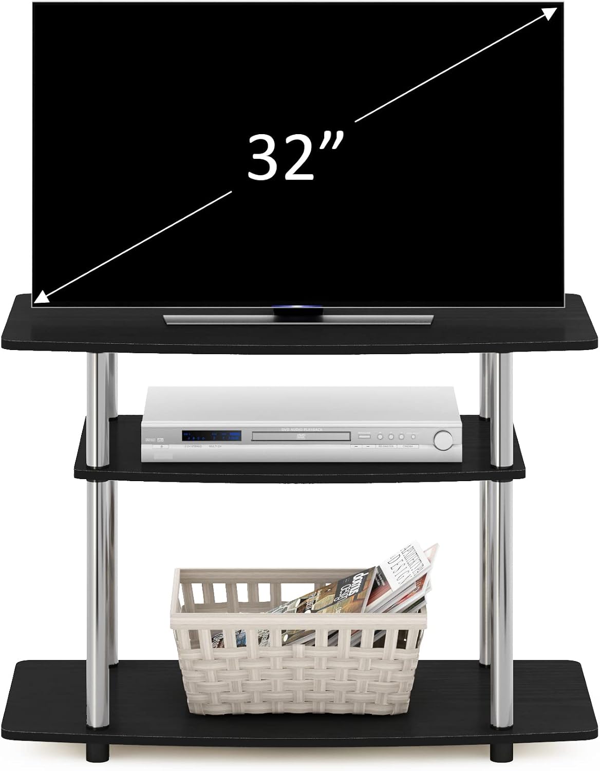 Furinno Turn-N-Tube TV Stand, 3-Tier Toolless Assembly Entertainment Center with Open Shelves, TV Console for TV up to 32 Inch, for Living Room, Bedroom, Americano/Stainless Steel