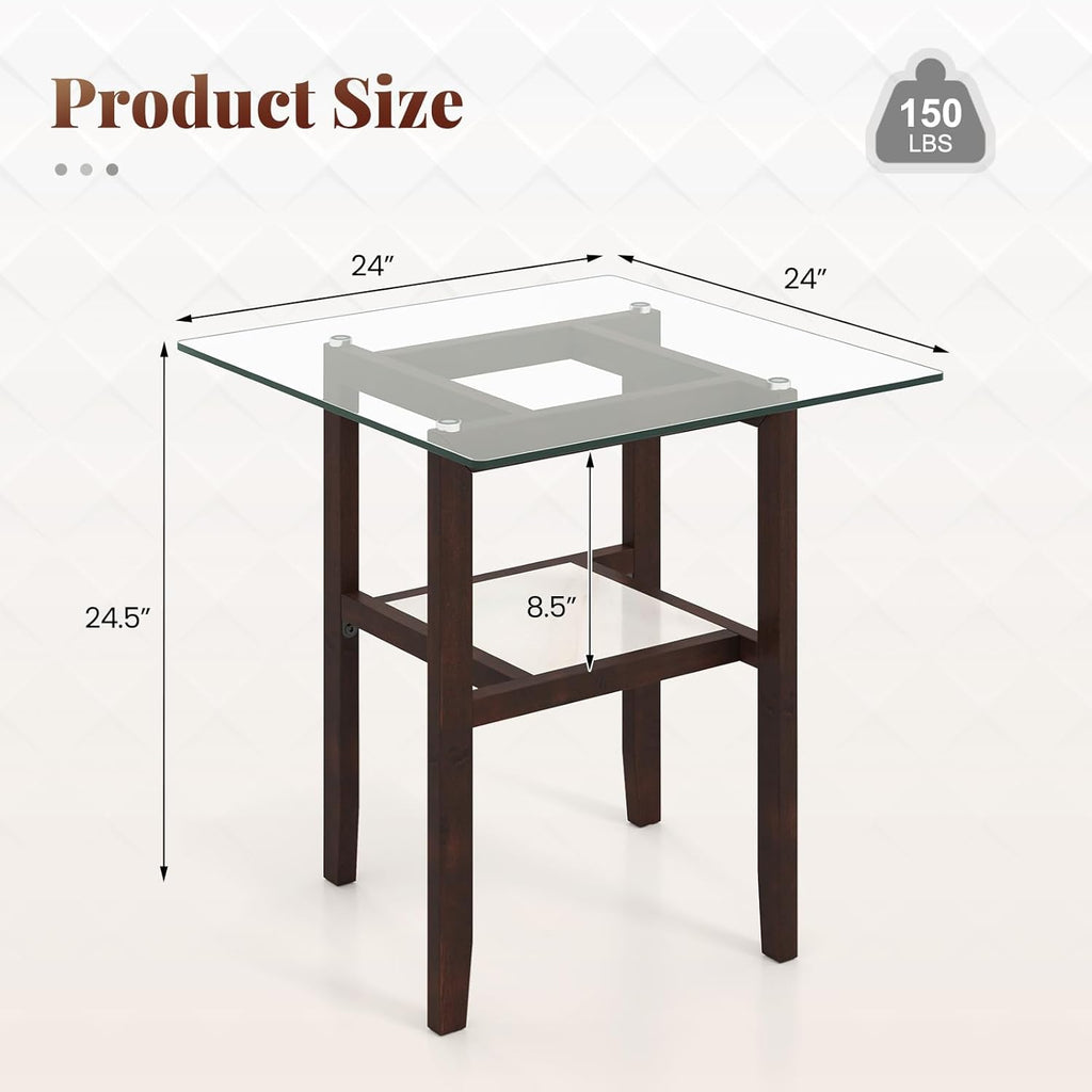 Tangkula 24" Square Glass Side Table, 2-Tier End Table with Storage Shelf & Rubber Wood Frame, Modern Accent Sofa Table for Living Room, Home, Office, Brown (1, Brown)