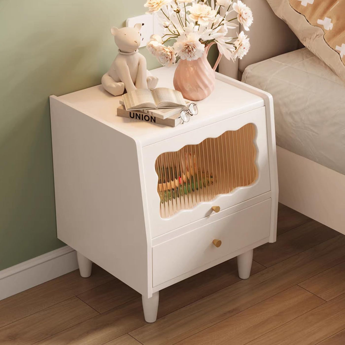 Gdrasuya10 White Solid Oak Wood Nightstand with 2 Drawers, Mid-Century Modern Night Stand Bedside Table Square Small Nightstand End Table Side Table for Bedroom Living Room