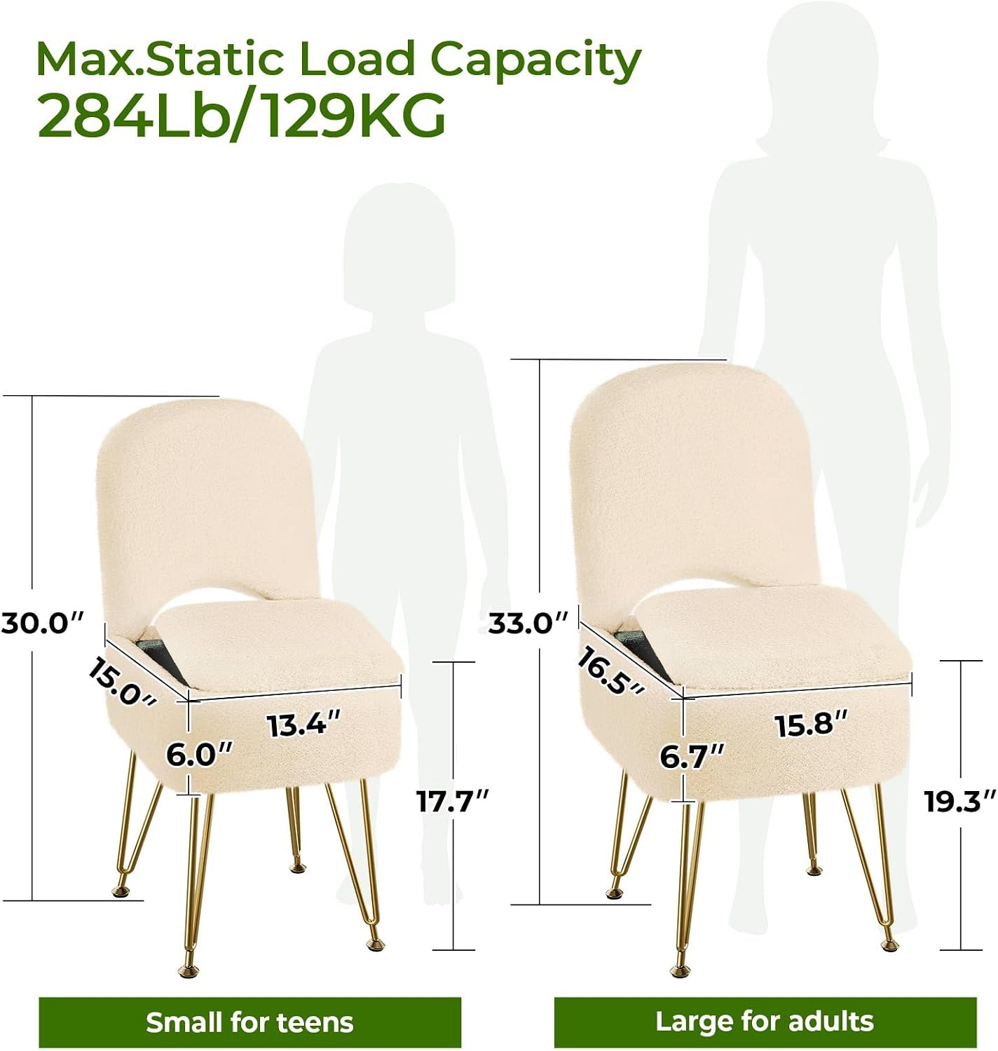 GREENSTELL Vanity Stool Chair with Storage and Folding Back, 13.4" x 15" x 30" Square Faux Fur Soft Ottoman, 4 Metal Legs with Anti-Slip Feet, Furry Padded Seat for Makeup, Bedroom, Camel