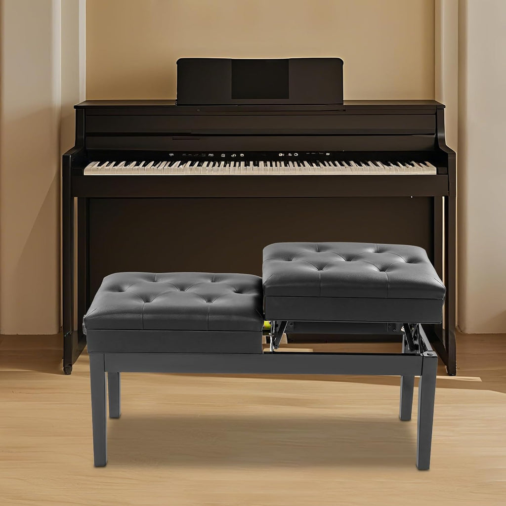 AngelcityCC Longer Duet Piano Bench with Storage, Adjustable Height Double Keyboard Piano Bench Seat with PU Leather Cushion
