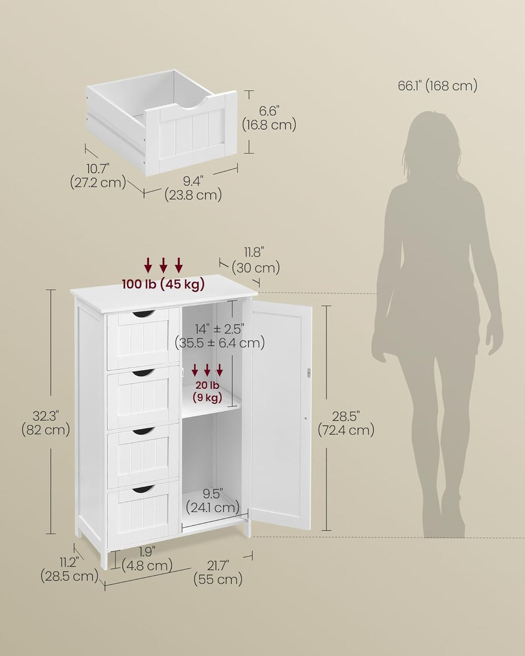 VASAGLE Storage Cabinet with Drawers, Freestanding Floor Cabinet with Door, 11.8 x 21.7 x 32.3 Inches, Adjustable Shelf, for Bathroom, Living Room, Kitchen, Cloud White ULHC041WH01S
