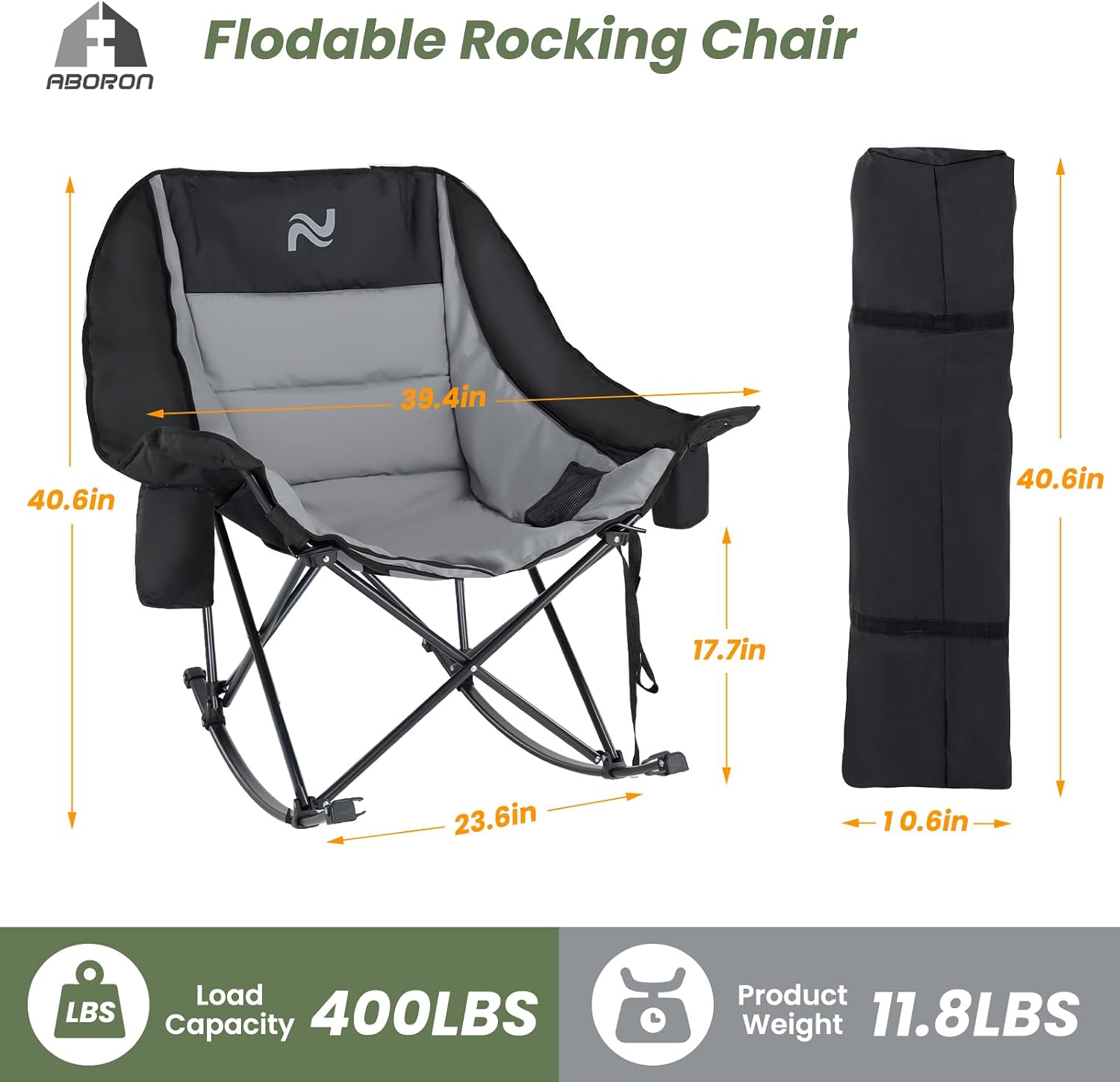 ABORON Oversized Rocking Chair for Adults, 400 lbs Heavy Duty Camping Chair | Enjoy smooth rocking comfort with full padding, cooler bag & side pocket. Holds up to 400 lbs for camping, patio & backyard