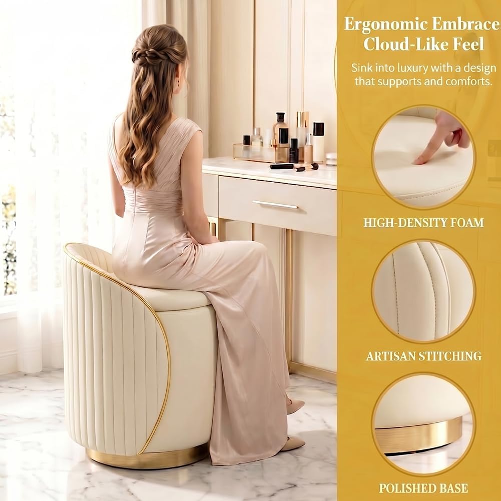 Luxury Vanity Stool with Storage, 360° Swivel Vanity Chair with Back, 400lbs Round Ottoman Leather Makeup Vanity Stool, Dressing Table Seat for Bedroom Bathroom Dressing Room (Beige- B)