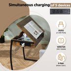Hadulcet C Shaped End Table with Charging Station, Tiltable 0-52° | TV Tray Table Couch Tables That Slide Under, C Table End Table with Storage, Small Table Couch Desk for Small Spaces, Brown