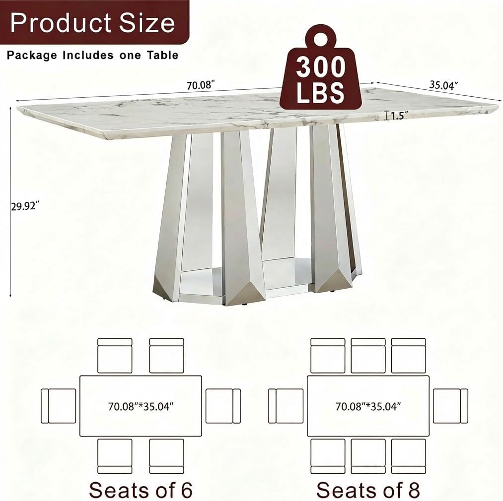 Luxury Rectangle Faux Marble 70" White Dining Table for 6-8 People, Modern Large Kitchen Table with Silver Mirrored Stainless Steel Leg Base, Dining Table for Dining/Living Room, Office (One Table)