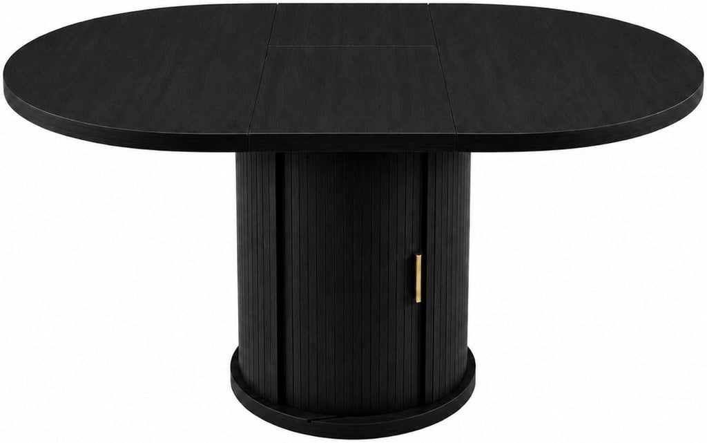 47-63" Extendable Round Dining Table with Storage for 4-6 Person, Fluted Circle Dining Table with 2-Tier Shelves|Leaf, Space-Saving Design (Black, 4-6 Person)