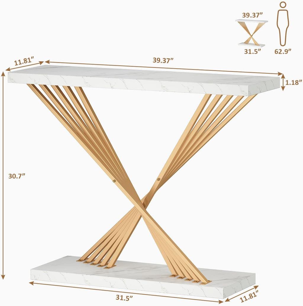 UNIQUITE 39.4 Inch Gold Console Table, White Faux Marble Modern Entryway Table Sofa Tables Behind The Couch for Entrance Hallway Living Room, X-Shape