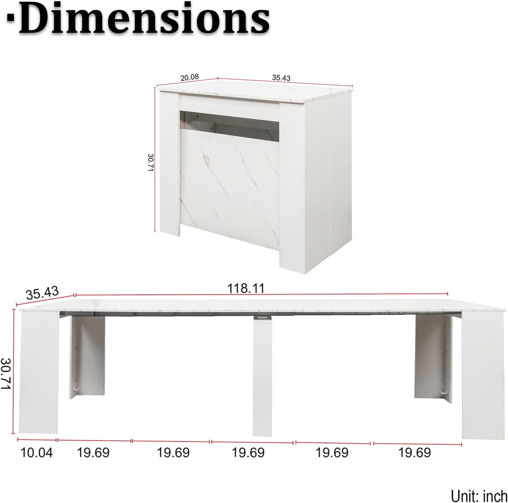 JOYSOURCE Extendable Dining Room Table for up to 12 People 20-119 inch Adjustable Large Extra Long Rectangular Space Saving Folding Dinner Table for Kitchen, Dining Room White Marble Finish