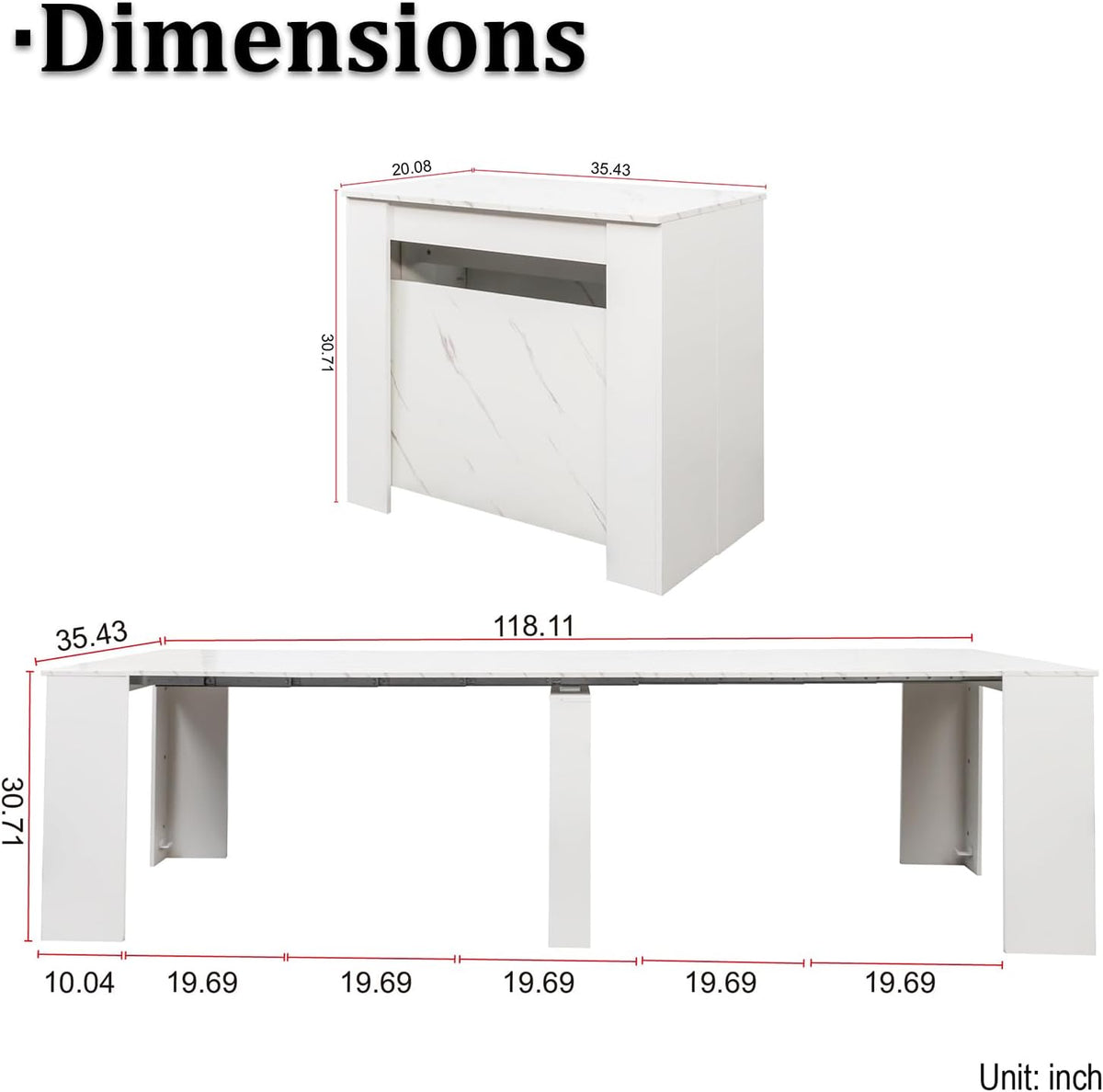 JOYSOURCE Extendable Dining Room Table for up to 12 People 20-119 inch Adjustable Large Extra Long Rectangular Space Saving Folding Dinner Table for Kitchen, Dining Room White Marble Finish