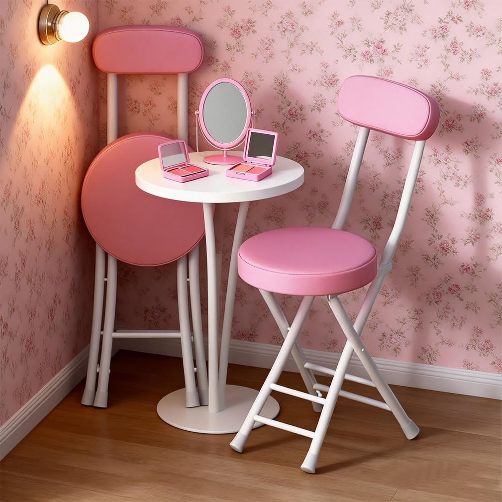 Folding Stool with Back, Padded Leather Round Foldable Stool, Foldable Bar Chairs, Round Portable Collapsible Stool for Gardening Kitchen Camping Cafe Indoor Outdoor,Pink