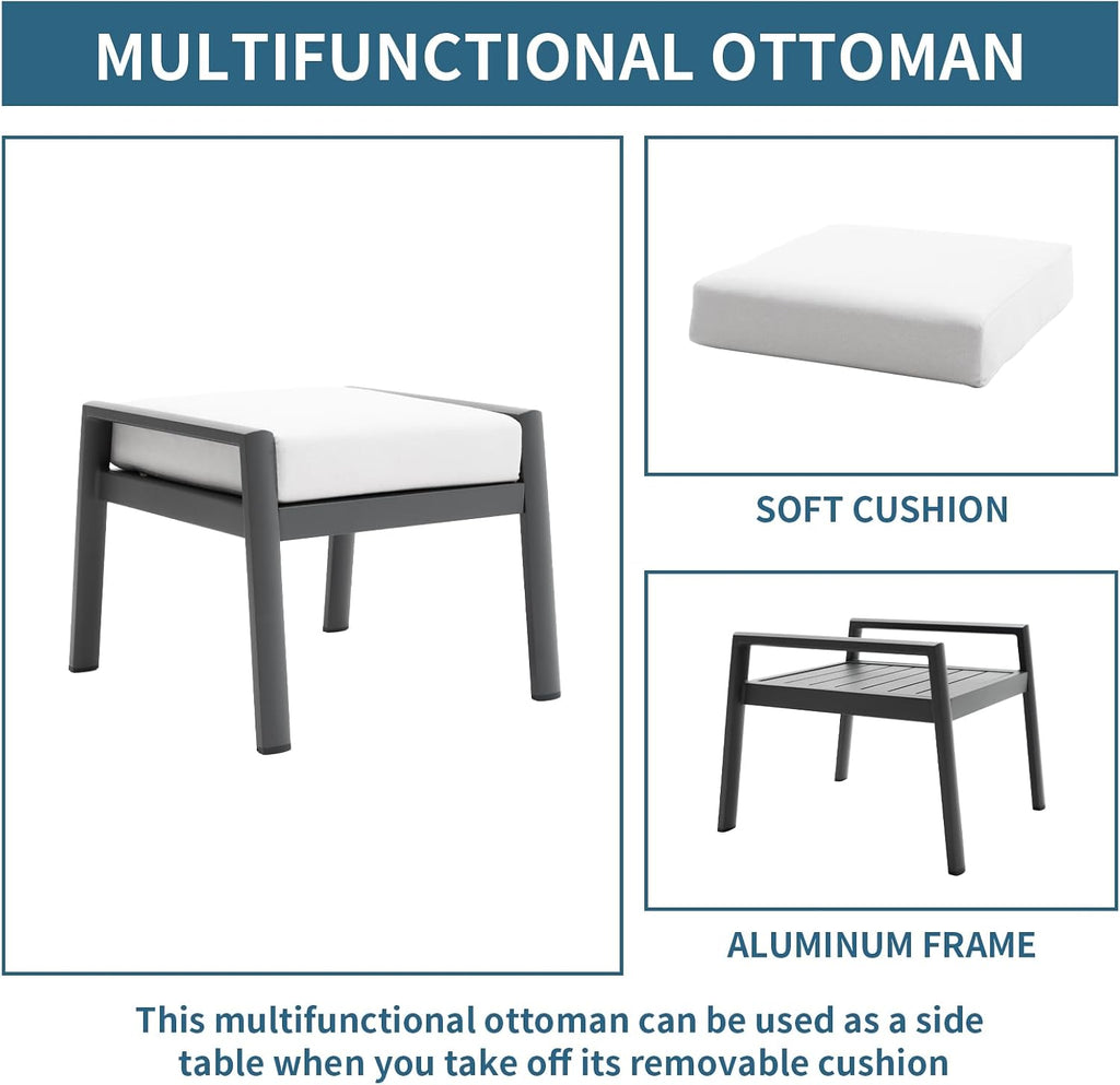 Outdoor Patio Ottoman Set of 2 Outdoor Footrests for Patio Outdoor Aluminum Ottomans and Footstools with Grey Cushions, Dark Grey Frame