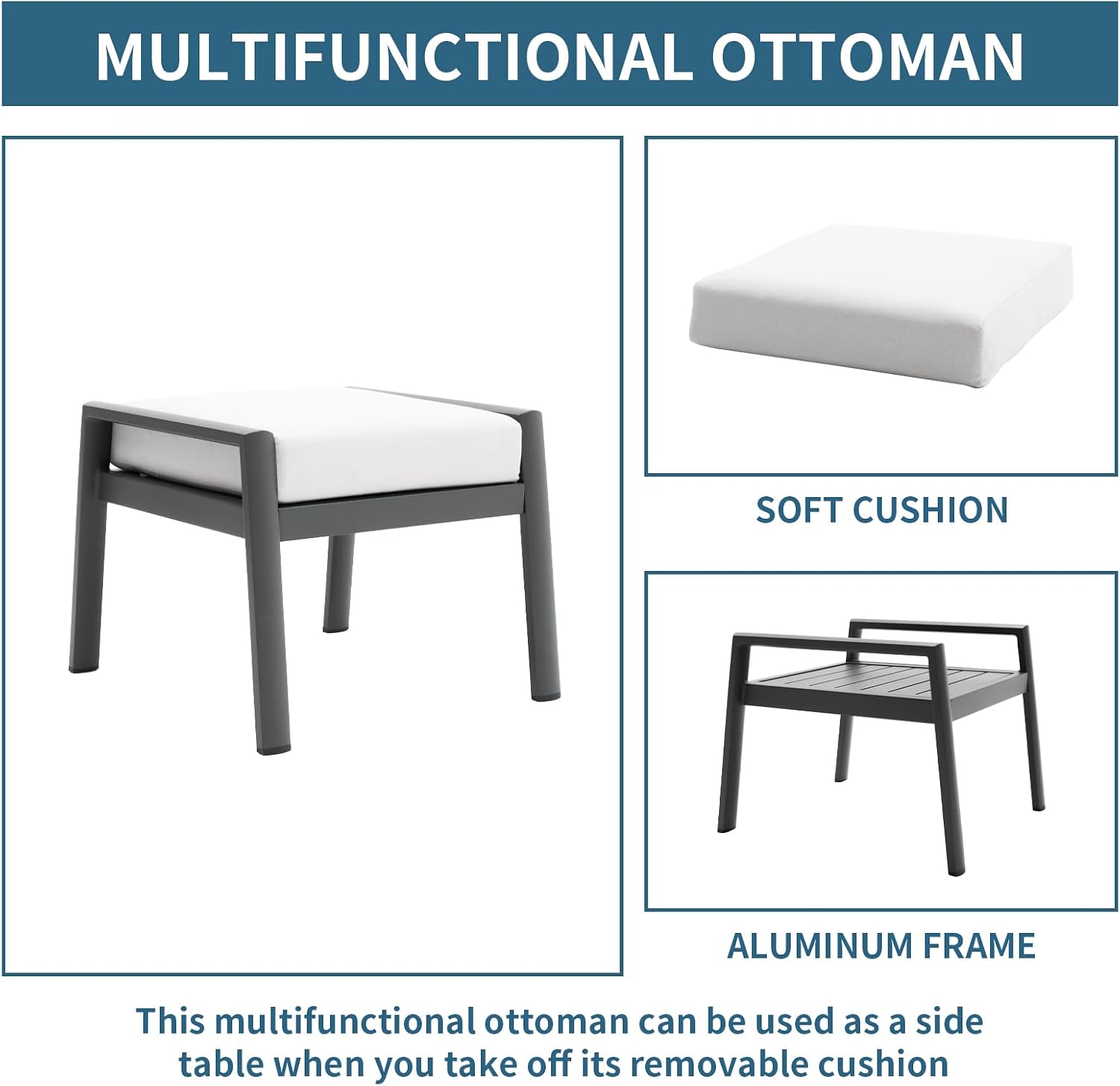 Outdoor Patio Ottoman Set of 2 Outdoor Footrests for Patio Outdoor Aluminum Ottomans and Footstools with Grey Cushions, Dark Grey Frame
