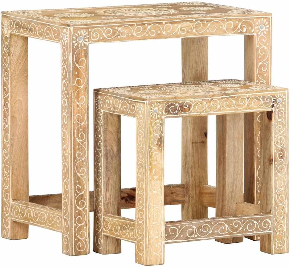 2 Piece Side Table Set Solid Mango Wood Hand-Painted Nesting Tables for Living Room Brown