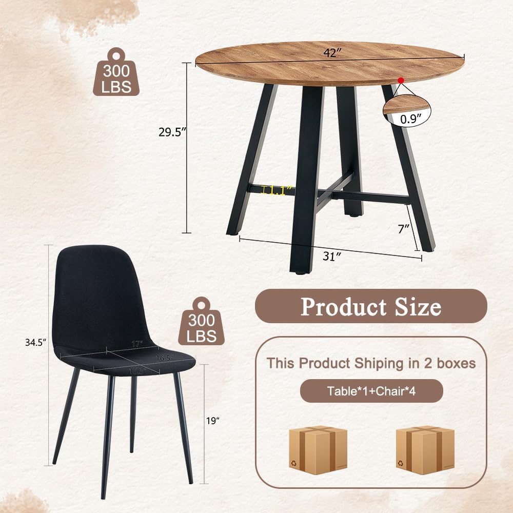 42" Round Dining Table Set for 4, Modern Kitchen Table Chairs Set of 4 Wood Dining Table Upholstered Chair with Metal Leg for Dining Room (Black, 42" Brown Table + 4 Chairs)