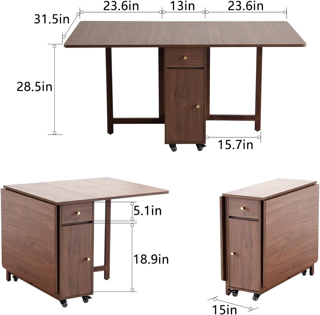 COMUHOME Extendable Drop Leaf Folding Dining Table with 4 Chairs, Collapsible Folable Dining Table with 2 Drawers and 4 Wheels, Space Saving Table for Living Room Kitchen Farmhouse in Walnut