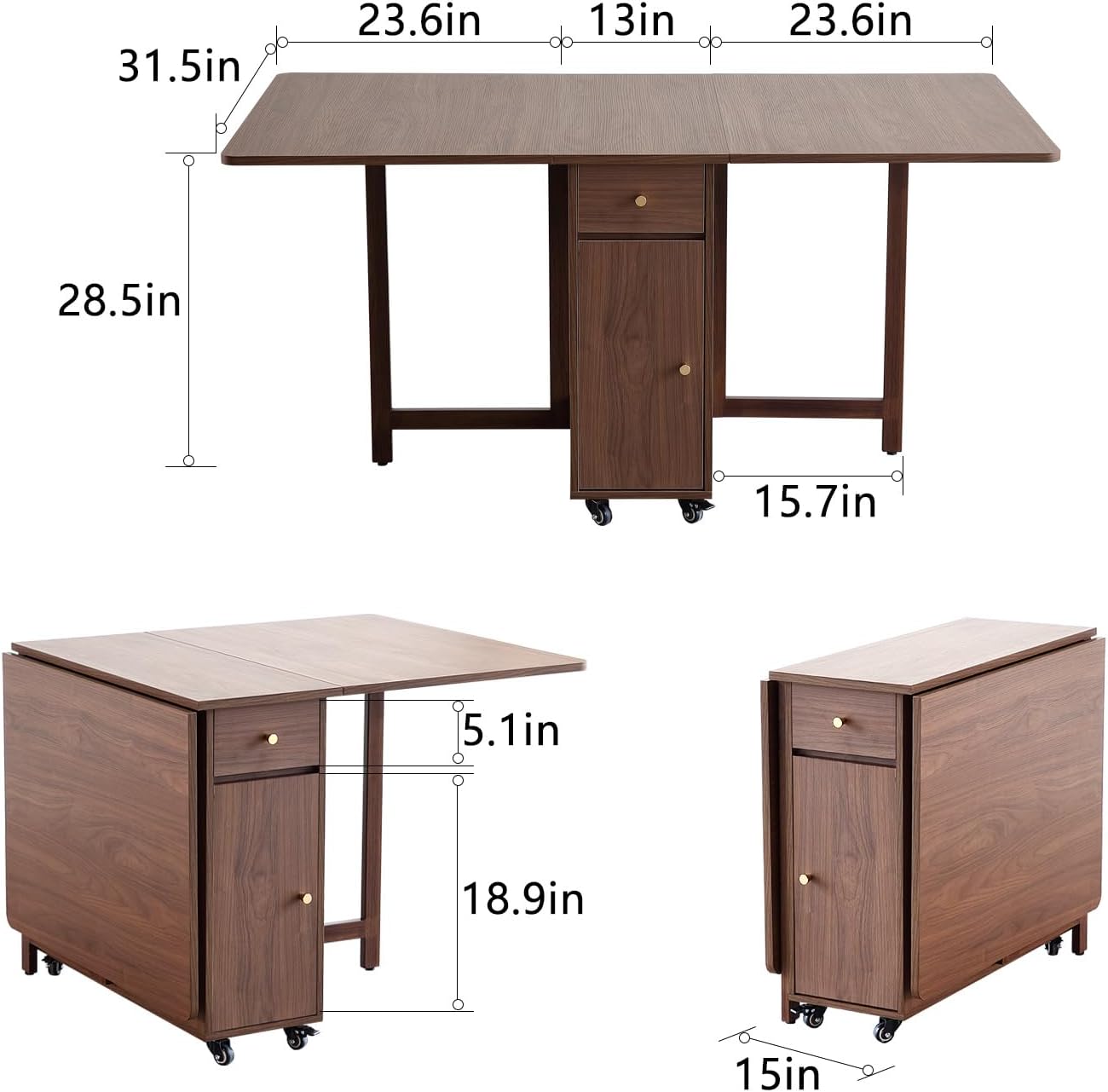 COMUHOME Extendable Drop Leaf Folding Dining Table with 4 Chairs, Collapsible Folable Dining Table with 2 Drawers and 4 Wheels, Space Saving Table for Living Room Kitchen Farmhouse in Walnut