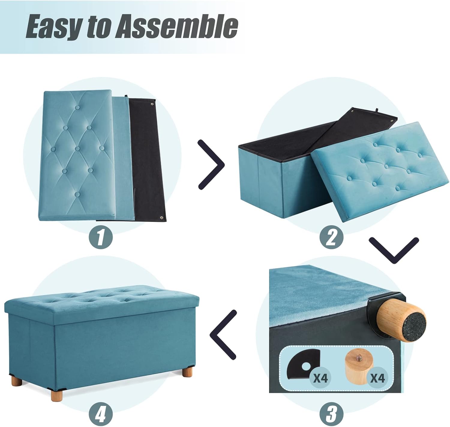 BRIAN & DANY 30 Inches Folding Storage Ottoman Bench, Ottoman with Storage for Living Room, with Wooden Feet and Lid, Teal