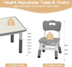 Jojoka Kids Table and 4 Chairs Set, Adjustable Toddler Activity Table Set, Wipe-Clean Desktop, Non-Slip Legs, Height Adjustable Kids Furniture for Home, Preschool, Daycare, Ages 2-10-Gray
