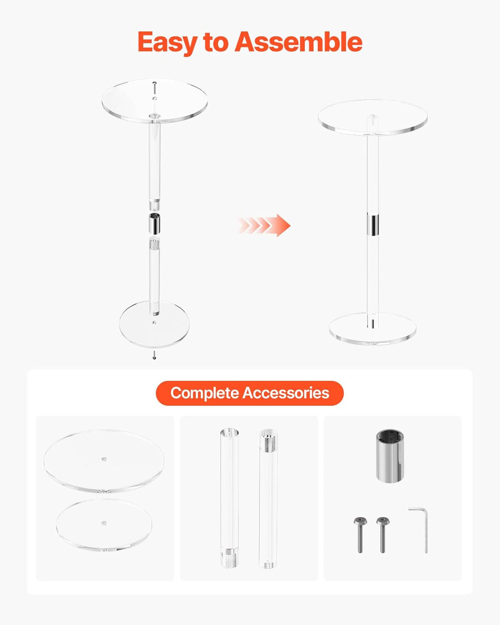 VEVOR Acrylic Drink Table, Small Round Side Table with Solid Post, Modern Clear End Table Transparent Cake Desk for Coffee, Cocktail, Dessert, Snack, Living Room, Bedroom, Bathroom, Easy Assembly
