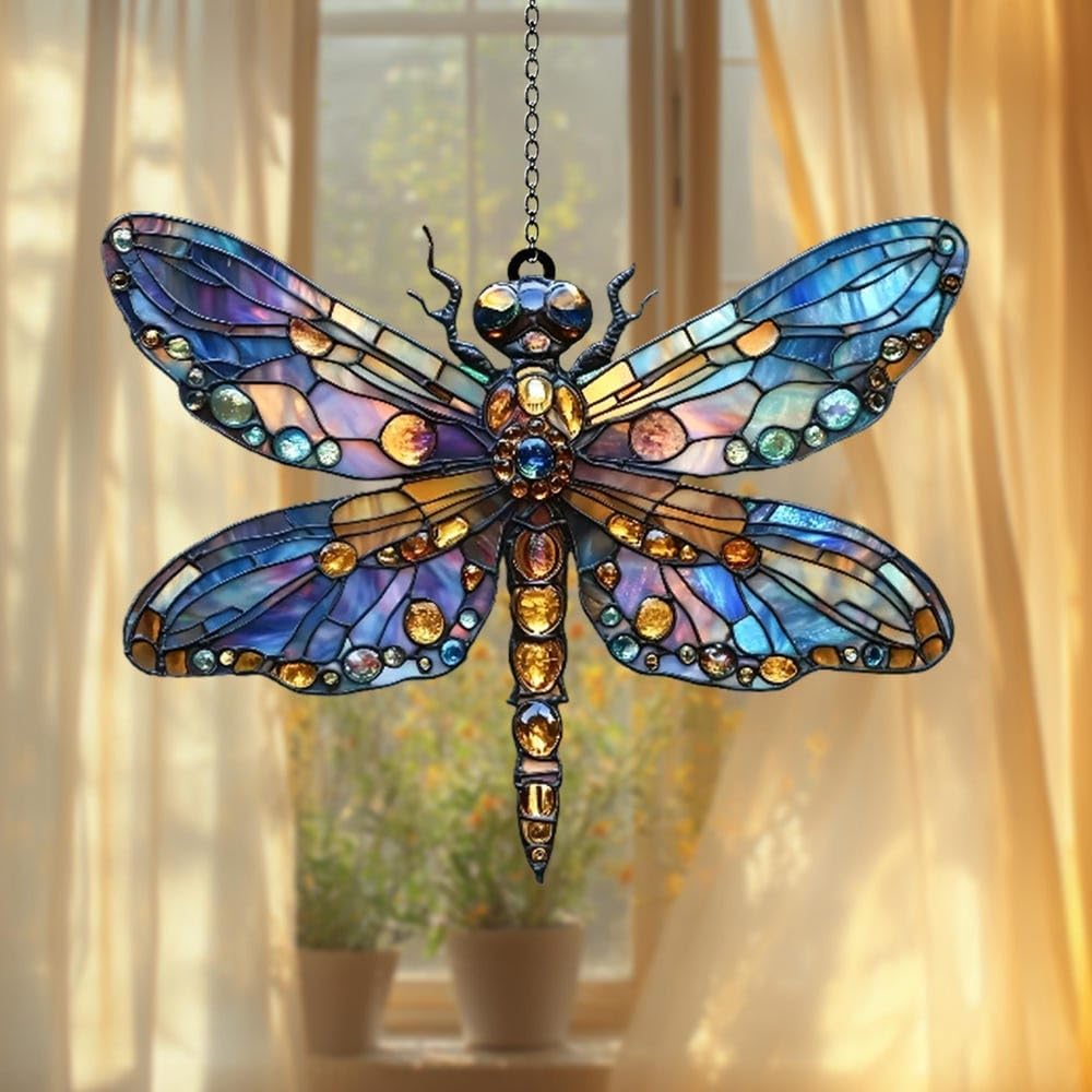 Boho Dragonfly Acrylic Suncatcher Stained Glass Effect Window Car Hanging Christmas Ornament Indoor Outdoor Decor Garden Sun Catcher Panel for Dragonfly Lover for Women Mom Grandma