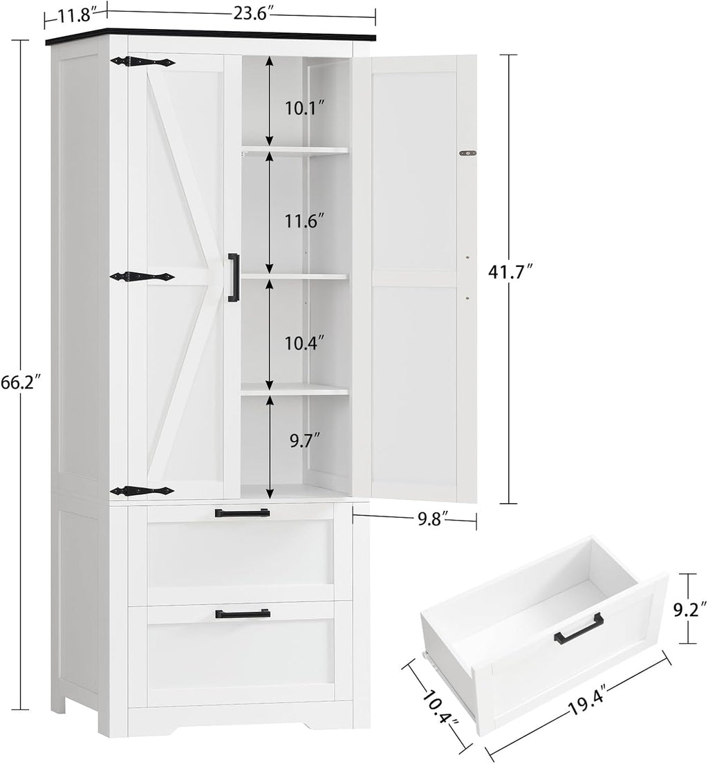 TEENFON 66.1" H Storage Cabinet with 2 Drawers, Farmhouse Kitchen Pantry Cabinet with 2 Doors & Adjustable Shelf, Bathroom Cabinet, for Living Room, Kitchen, Bathroom, White