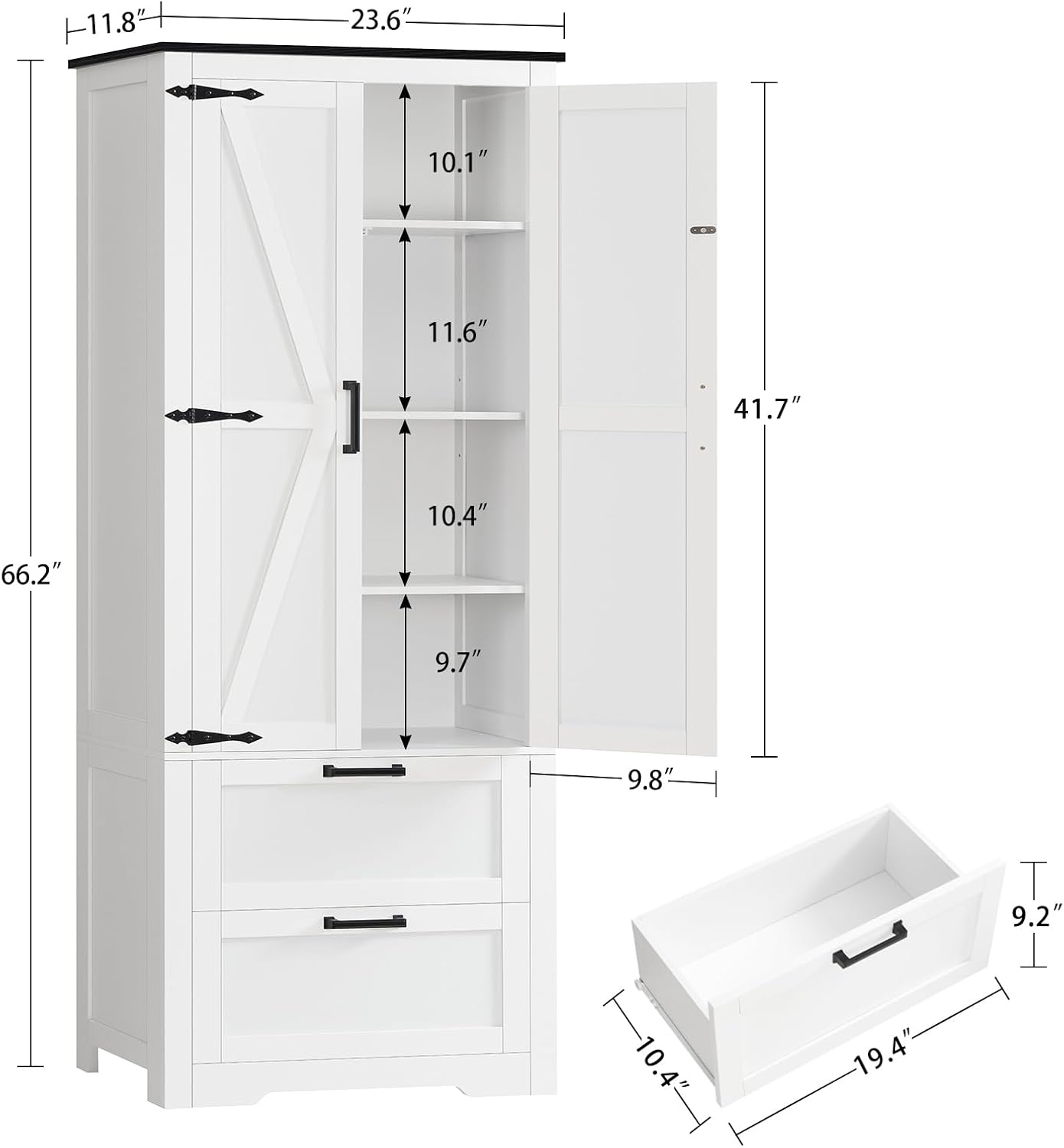 TEENFON 66.1" H Storage Cabinet with 2 Drawers, Farmhouse Kitchen Pantry Cabinet with 2 Doors & Adjustable Shelf, Bathroom Cabinet, for Living Room, Kitchen, Bathroom, White