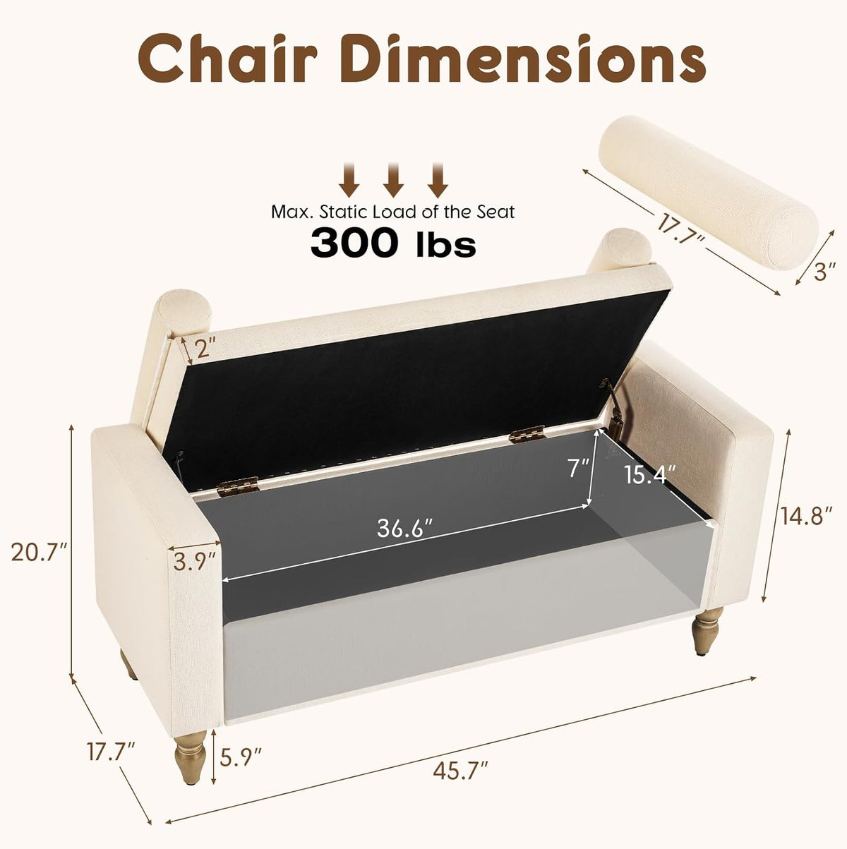 Large Storage Ottoman Bench, 45.7" Linen Upholstered Entryway Bench with Solid Wood Legs, End of Bed Bench, Shoe Bench, Ottoman Storage Chest for Bedroom/Living Room/Entryway,Beige