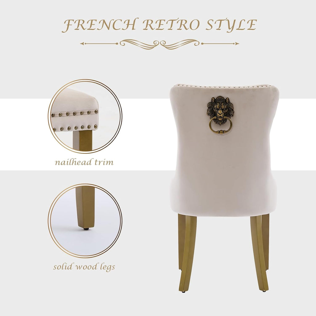 LKTART Dining Chairs Set of 6 Mid-Century Modern Chairs with Lion Head Pull Ring, Velvet Upholstered Dining Chair with Golden Wooden Legs Nailhead Trim for Kitchen Bedroom Dining Room (Beige)