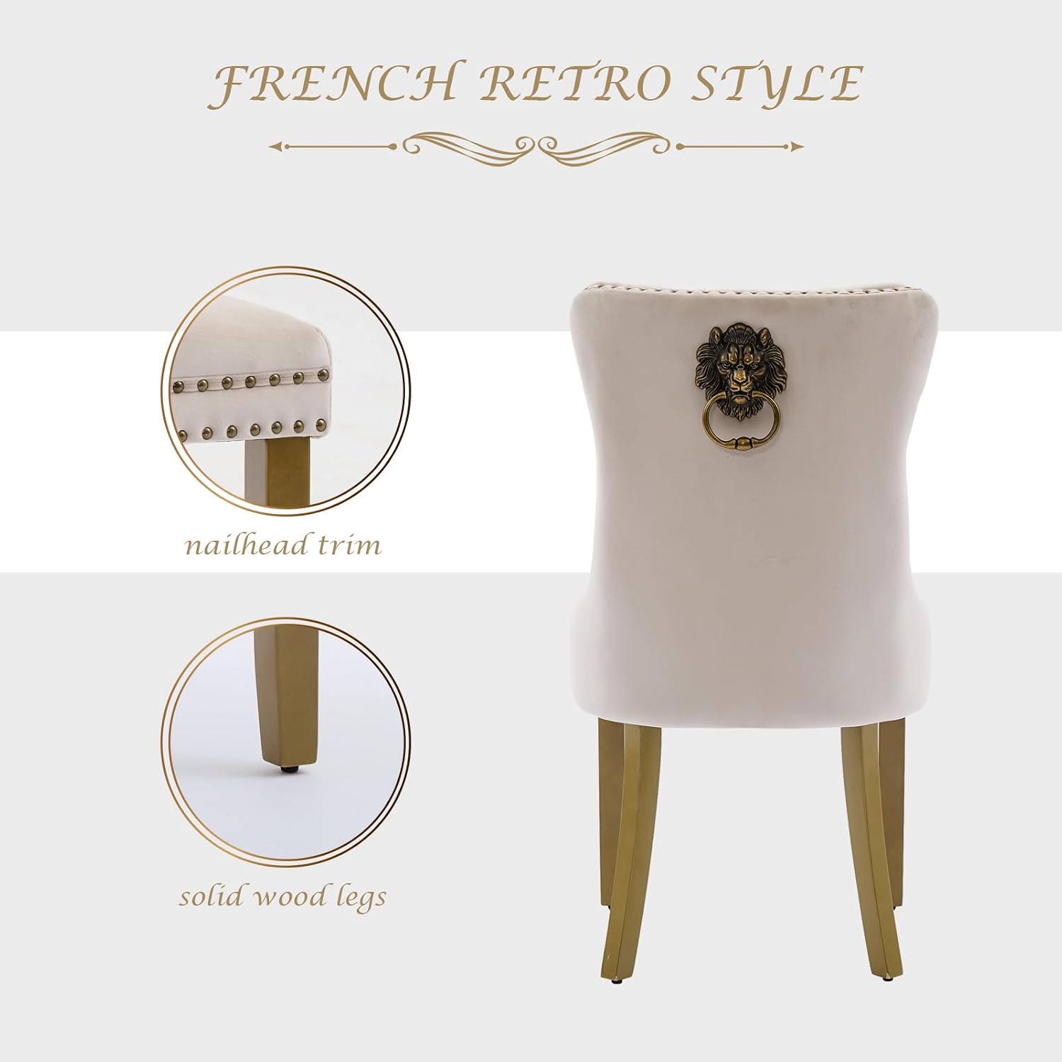 LKTART Dining Chairs Set of 6 Mid-Century Modern Chairs with Lion Head Pull Ring, Velvet Upholstered Dining Chair with Golden Wooden Legs Nailhead Trim for Kitchen Bedroom Dining Room (Beige)