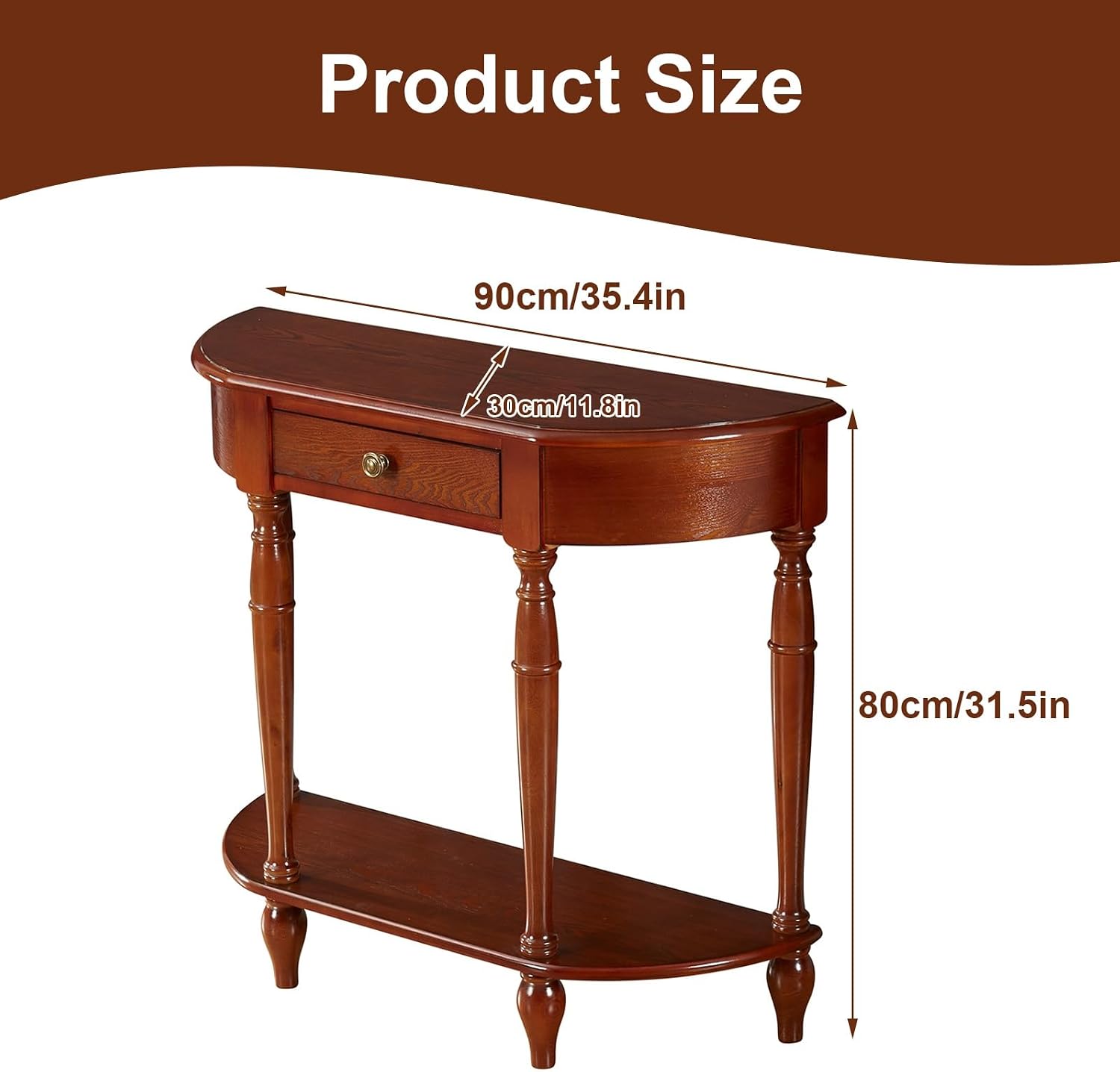 Half Moon Console Table, Solid Wood Console Tables with Drawer and Shelf, for Living Room, Hallway, Foyer, Entrance(35.4 * 11.8 * 31.5in)