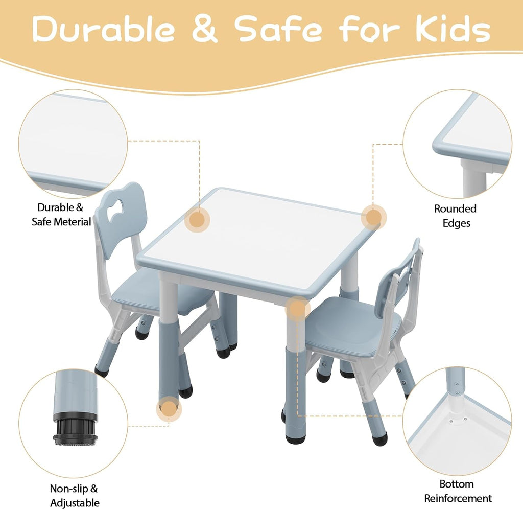 Takywep Kids Table & 2 Chairs Set, 23.6" Adjustable Desk, Anti-Slip, Grey | Rounded Edges, Multi Height Adjustment, Composite Wood Top, Anti-Slip Leg Pads