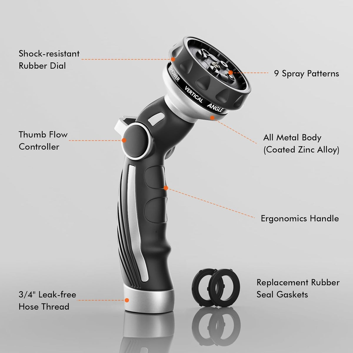 RESTMO Water Hose Nozzle, Metal Garden Hose Sprayer, Heavy Duty | 9 Spray Patterns | High Pressure | Thumb Flow Control, Ideal for Outdoor Lawn & Plant Watering, Car & Pet Washing, Silver