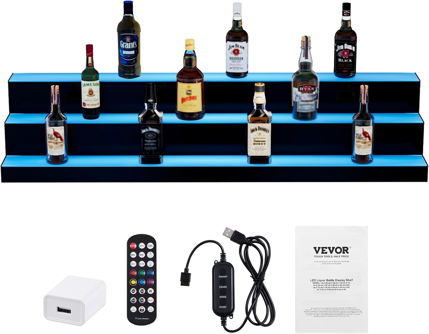 Happybuy LED Lighted Liquor Bottle Display,3 Tiers 48 Inch Commercial Illuminated Home Bar Shelf,3 Steps Whiskey Rack Stand, Acrylic Drink Shelves with RF Remote & App Control, and Multicolor lighting