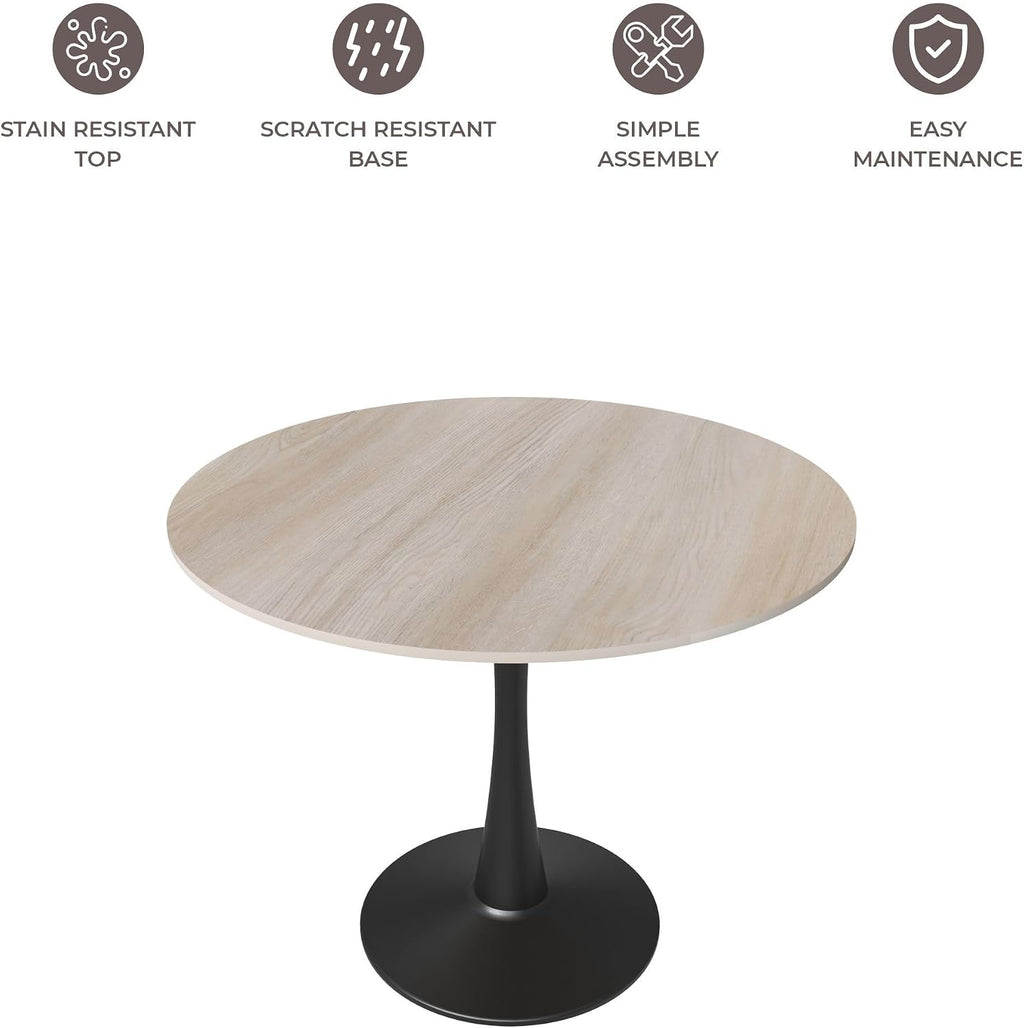 LeisureMod 35" Round Dining Table with Sintered Stone Top – Modern Black Pedestal Base Mid-Century Café Table for Kitchen & Dining Room