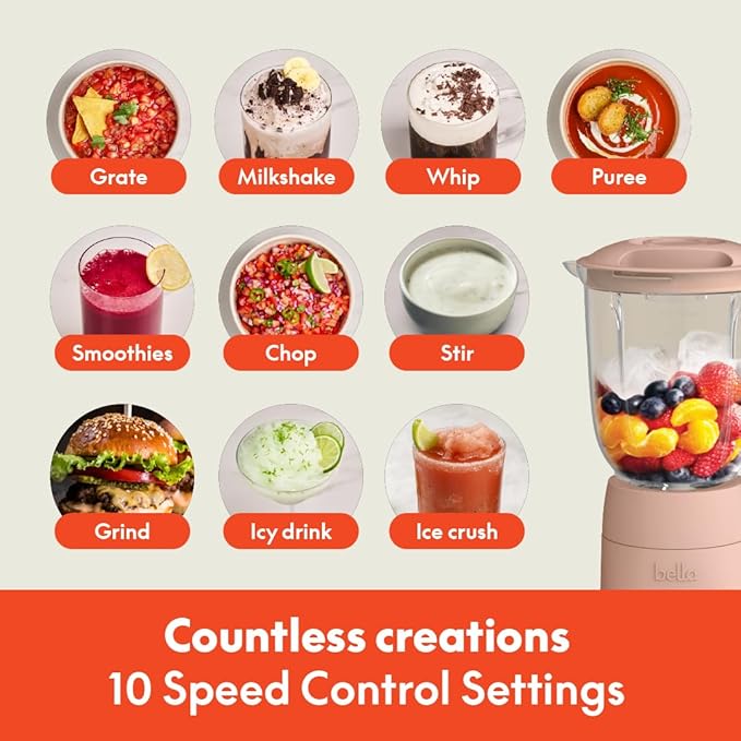 bella 10 Speed Countertop Blender, Juicer & Smoothie Maker, Fits-anywhere™ Kitchenware, Slim Flip & Store Design, Dishwasher Safe 48oz Capacity Pitcher & Lid, Stainless Steel Blade, 450 Watt, Blossom