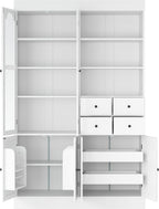 75 Inch Tall Freestanding Buffet with Hutch, Farmhouse Kitchen Pantry Cabinet, Dining Room Storage Cupboard with 4 Drawers, Door Shelves and Pull-Out Trays for Living Room,White
