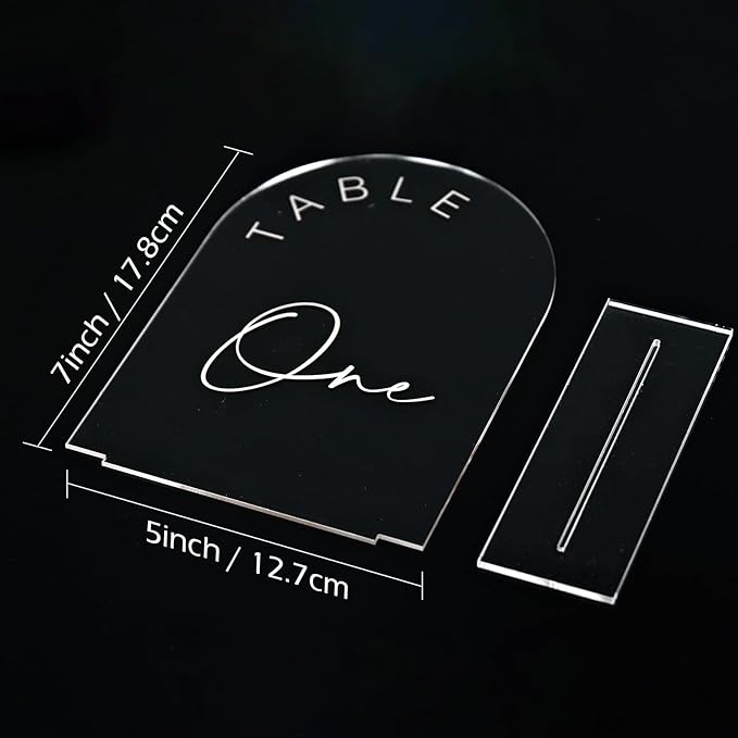 JINMURY Clear Arch Wedding Table Numbers 1-10 with Stands, 5x7 Inch Acrylic Arch Sign with White Lettering, Clear Acrylic Table Numbers for Wedding Reception