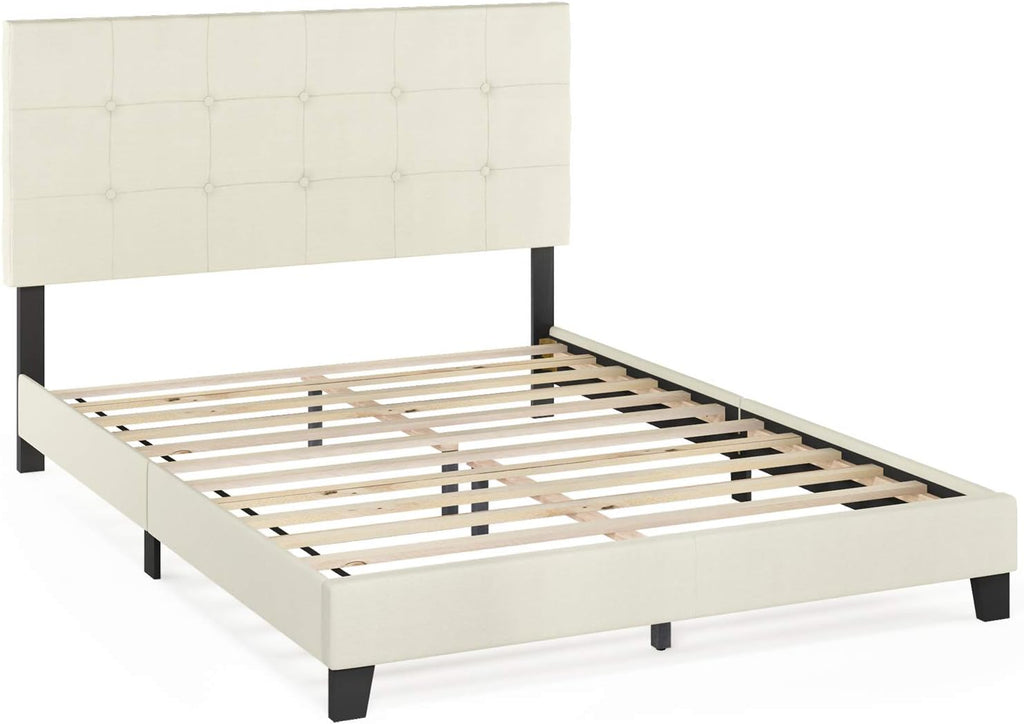 Furinno Laval Button Tufted Upholstered Platform Bed Frame, Queen, Linen