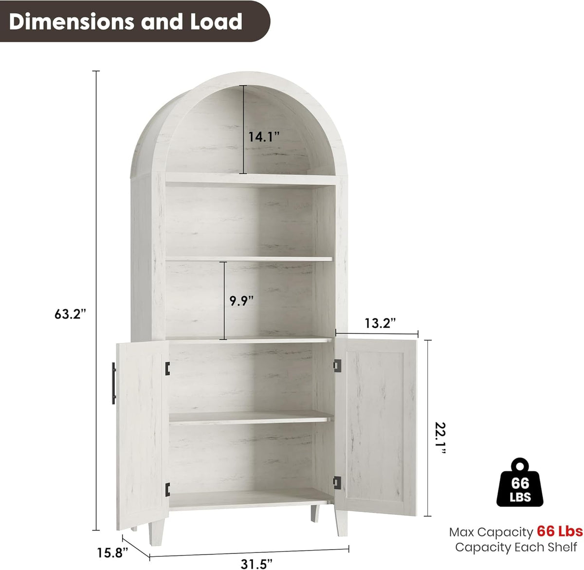 Garvee Arched Cabinet with Doors, 5-Tier Kitchen Pantry Cabinet with Adjustable Shelves, Wooden Open Farmhouse Storage Organizer for Kitchen, Dining Room, Living Room, Home Office, White