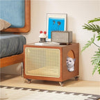 2-in-1 Cat Coffee Table Wood Rattan Side Cabinet with Glass Top Wheels Shared Pet-Human Furniture for Living Room Room Long-Lasting