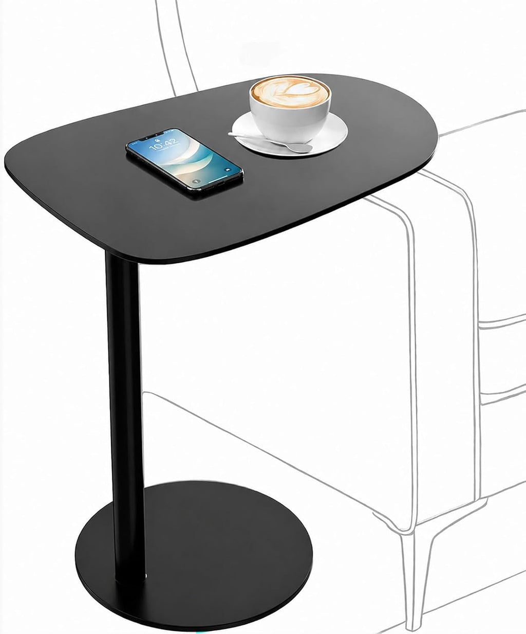 C Shaped End Table for Couch - Modern Metal Sofa Side Table with Round Base, Slide Under Accent Table for Small Spaces, Living Room Bedroom Office, Black, 24.8 Inch