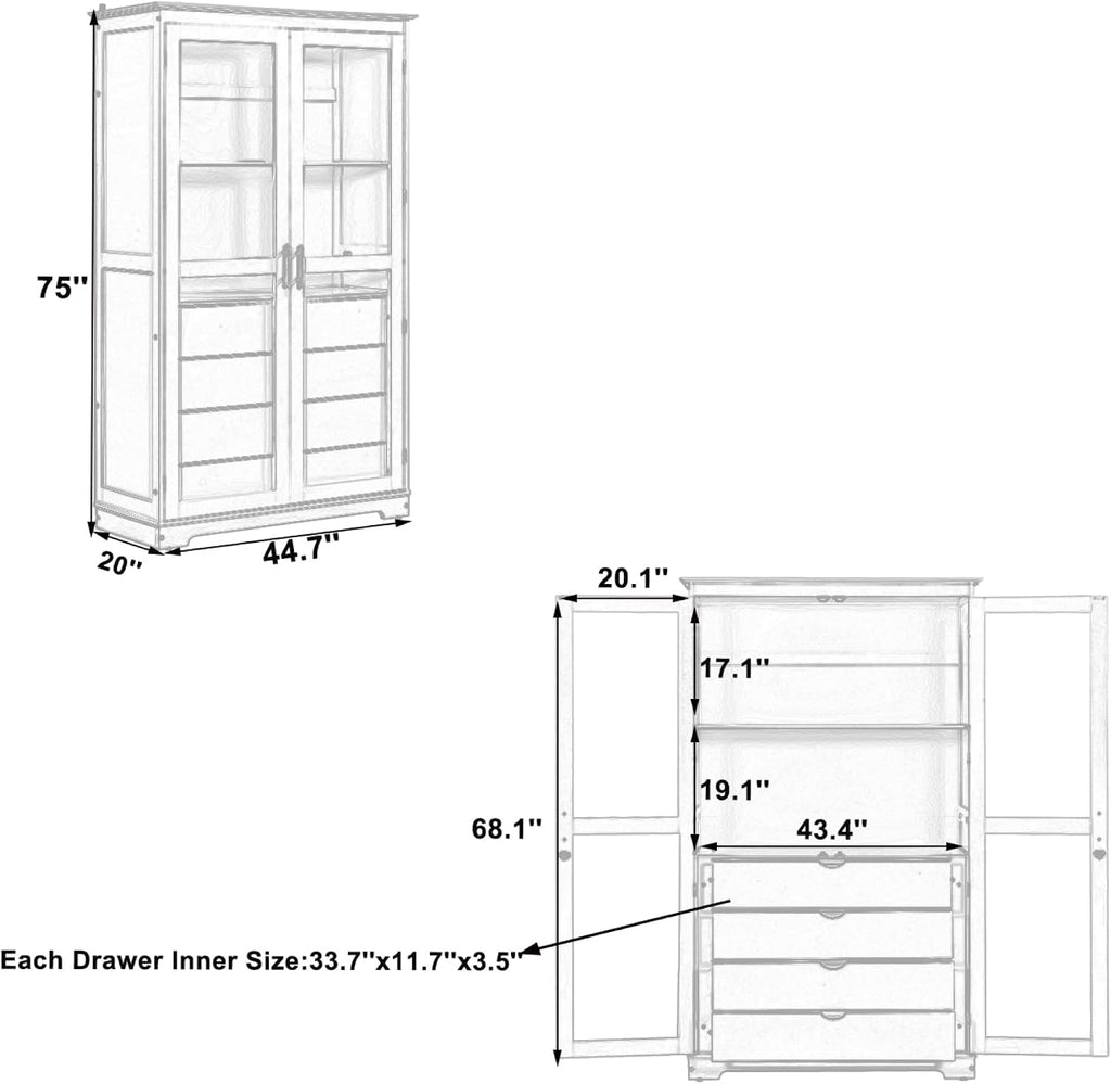 roomfitters 75" Kitchen Pantry, Freestanding Storage Cabinet Display Cabinet with Glass Doors and 4 Drawers, White
