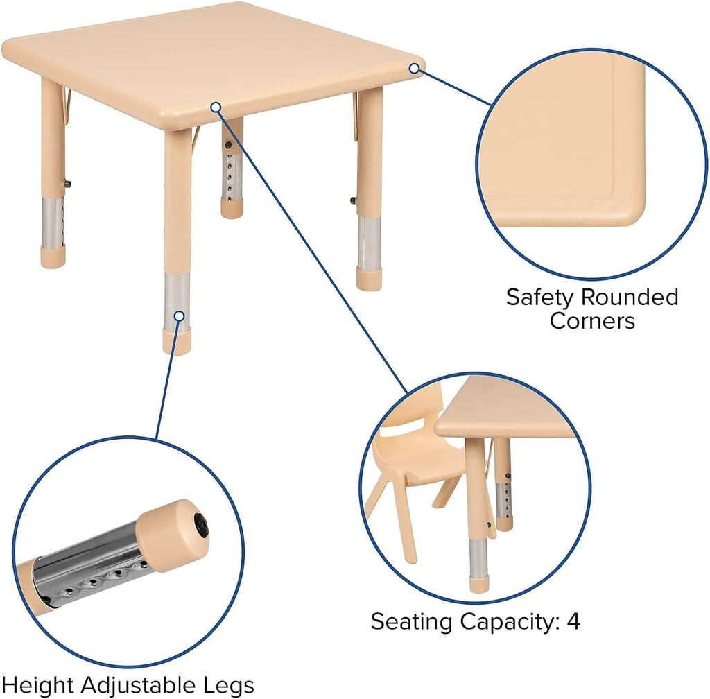 Flash Furniture 24 in Plastic Square Activity Table with 4 Chairs, Natural | Height Adjustable Table, Plastic, Durable Construction, Commercial Use