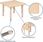 Flash Furniture 24 in Plastic Square Activity Table with 4 Chairs, Natural | Height Adjustable Table, Plastic, Durable Construction, Commercial Use