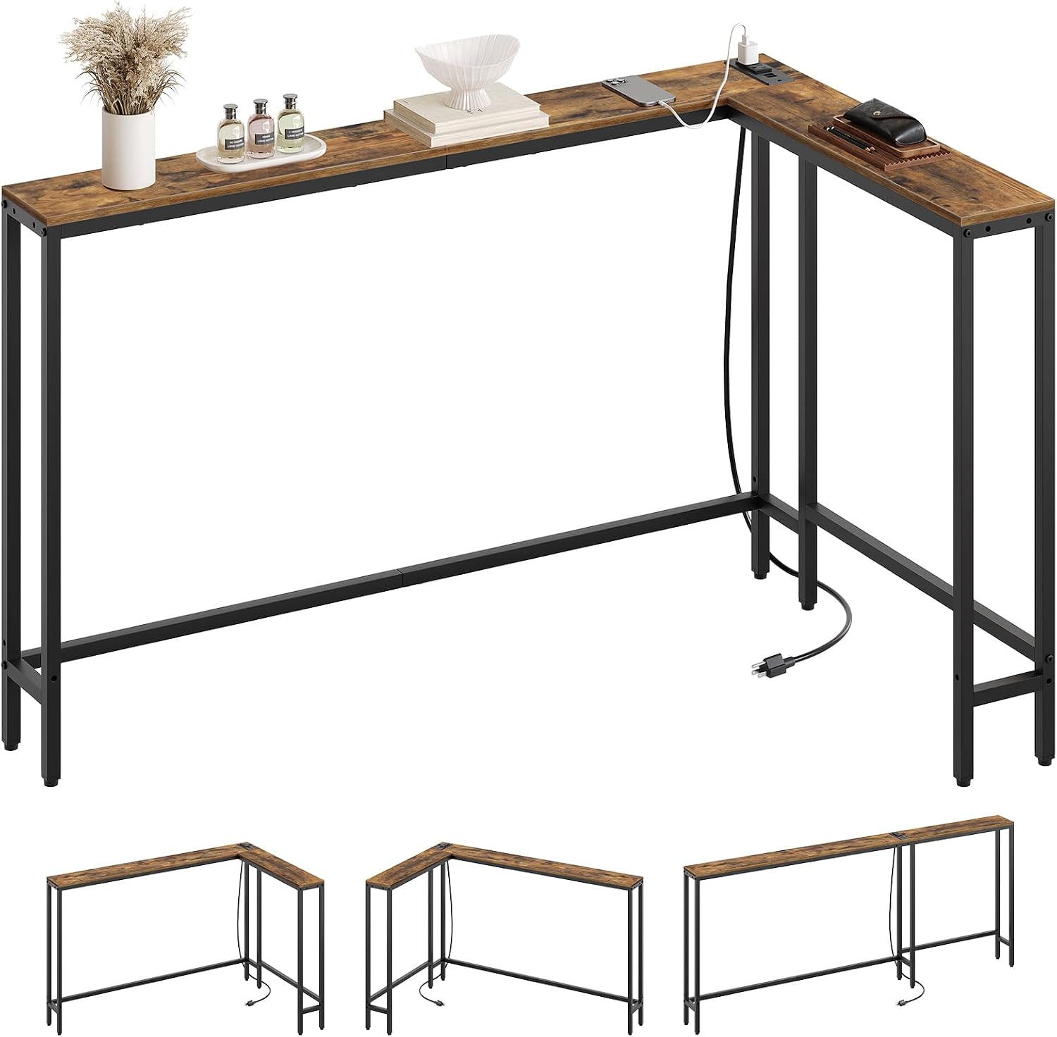 YATINEY Narrow Console Table with Outlets, 70.9" Sofa Table Narrow Long, L Shaped Behind Couch Entryway Table with Charging Station, for Living Room, Hallway, 3 Assembly Options, Rustic Brown CT07UBR