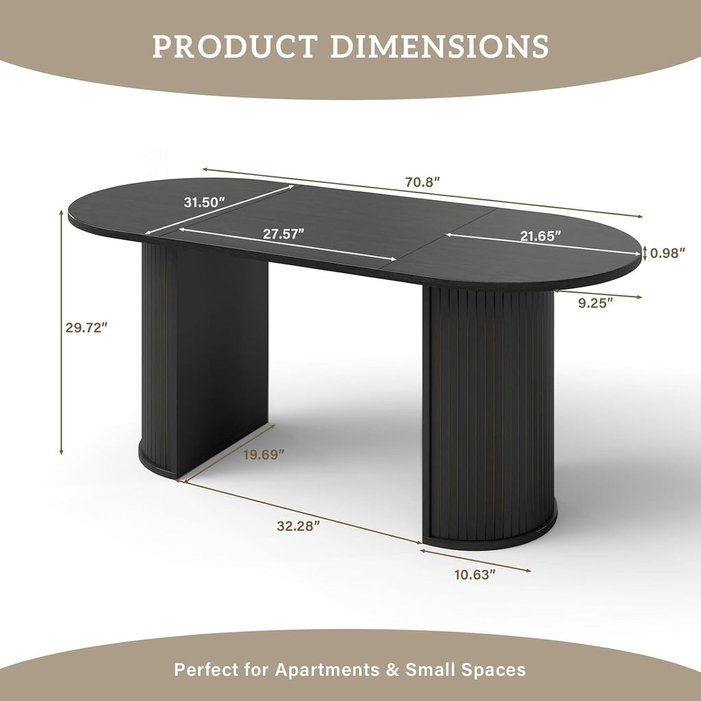 70.8" Oval Dining Table for 4-6 Persons, Fluted Pedestal Base Mid Century Wood Veneer Kitchen Table with Curved Edges for Dining Room, Apartment, Small Spaces, Black