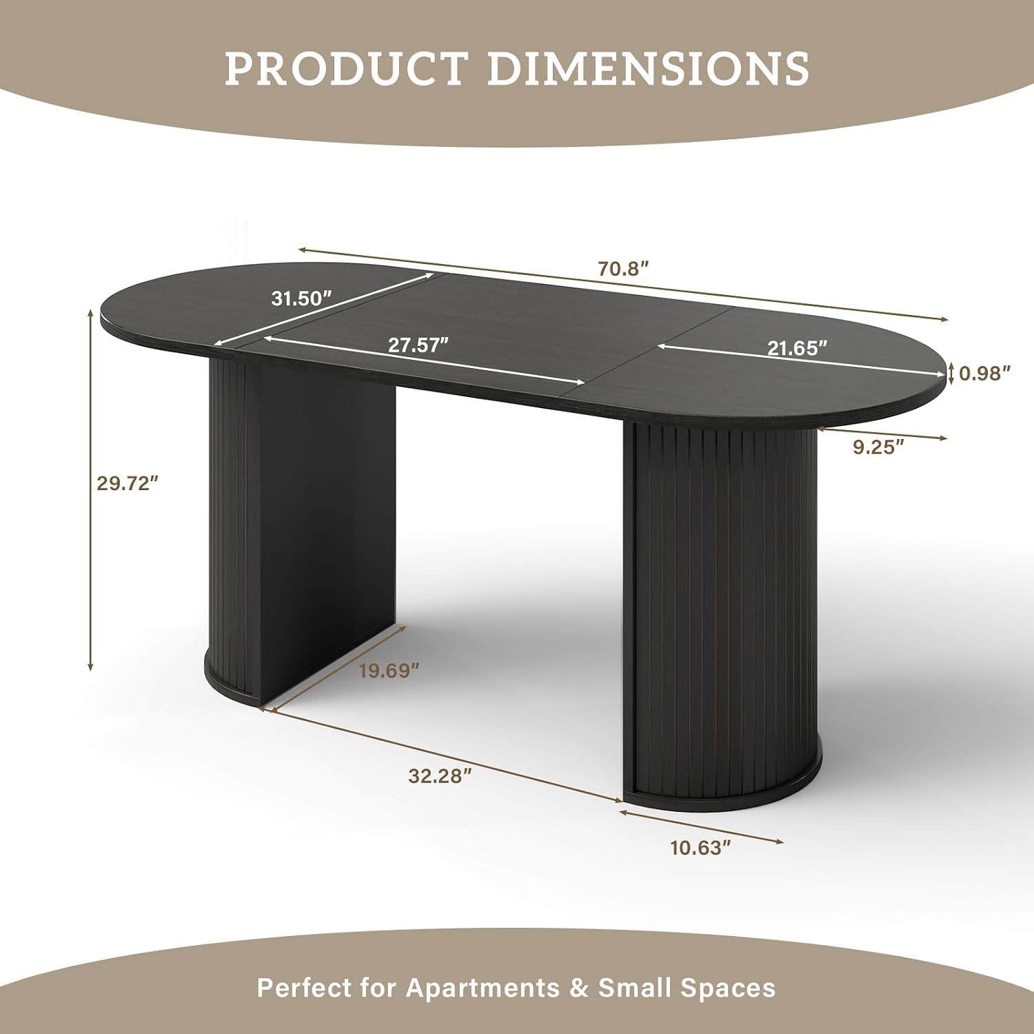 70.8" Oval Dining Table for 4-6 Persons, Fluted Pedestal Base Mid Century Wood Veneer Kitchen Table with Curved Edges for Dining Room, Apartment, Small Spaces, Black