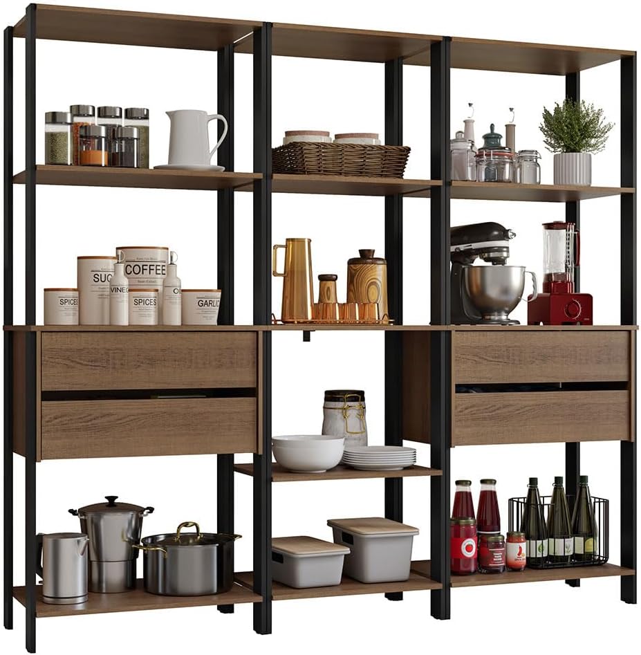 Madesa Kitchen Pantry Storage Rack with 4 Drawers and Open Shelves 78" L Multiuse Modular Cabinet for Kitchen Organization - Black/Brown